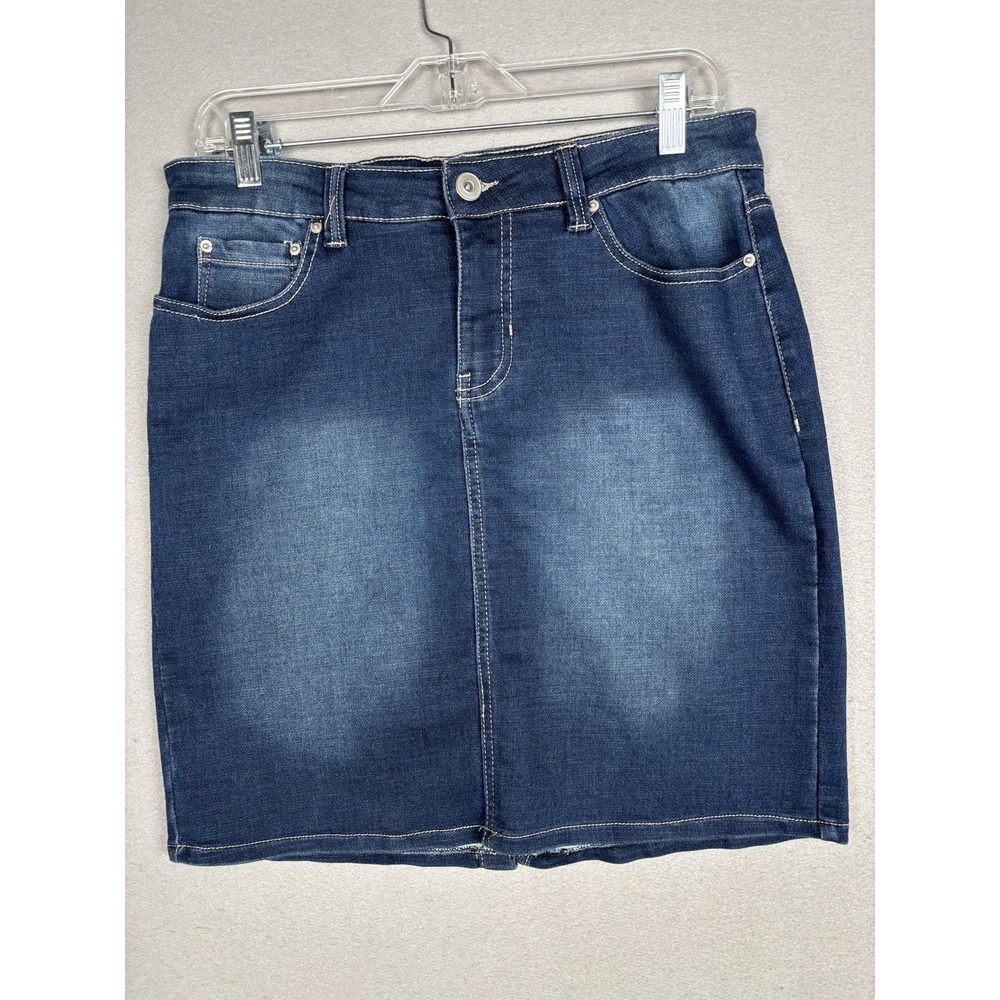 Baccini Denim Skirt Womens 8P Blue Stretch Jean Pencil 5 Pocket Back Slit